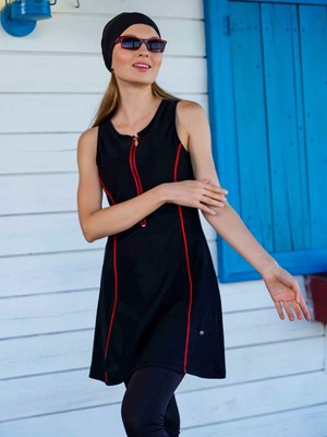 Tesmay Kadın Düz Renk Ince Kaplı Biye Detaylı Yarım Kapalı Tesettür Mayo