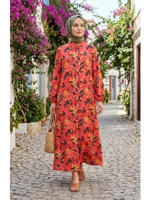 Çiçek Desenli Boydan Düğmeli Elbise 0259-01 Nar Çiçeği