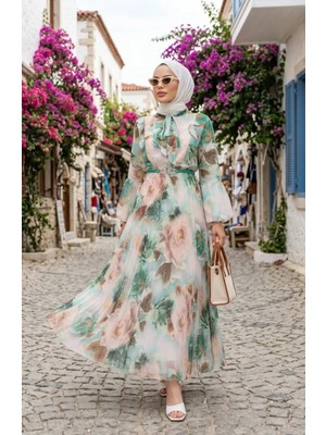 Sefa Merve Çiçek Desenli Şifon Elbise 50001-02 Yeşil