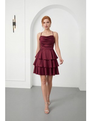 Lafaba Kadın Bordo Ince Askılı Degaje Yaka Mini Saten Mezuniyet Abiye Elbise