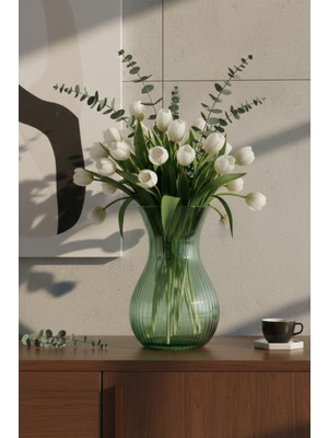 EA Home Concept Luvia Modern Çizgili Cam Vazo - 18 cm Dekoratif Yeşil Çiçek Vazosu