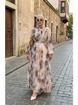 Çiçek Desenli Şifon Elbise 50001-03 Vizon