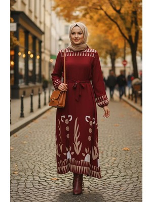 Kolu Lastikli Desenli Kuşaklı Viskon Tesettür Elbise 2207-02 Bordo