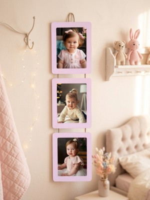 Studyo Plus 3’lü Ahşap Fotoğraf Çerçevesi 15X21 cm – Ipli Askılı 3 Dikey Mdf – Bebek & Çocuk Odası Duvar Dekoru