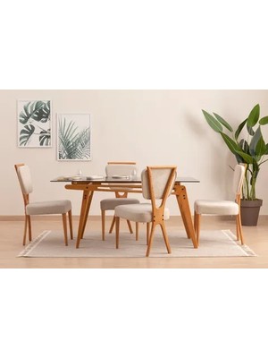 Vivense Palace Camlı Masa Takımı, Krem, 160X80