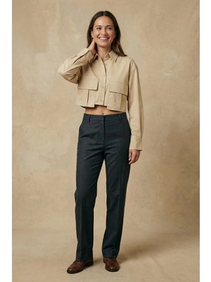 Hiccup Kadınlar MY FASHION Cepli, Kısa Kesimli Düğmeli Gömlek Deve Kahvesi