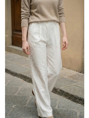 Hiccup Kadın My Fashıon Yüksek Bel, Cepli, Dokulu, Geniş Paça Pantolon Beyaz