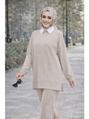 Esra Butik Mürdüm Siyah Taş Çimalı Tesettür Ikili Takım Tunik Pantolon Şık Rahat