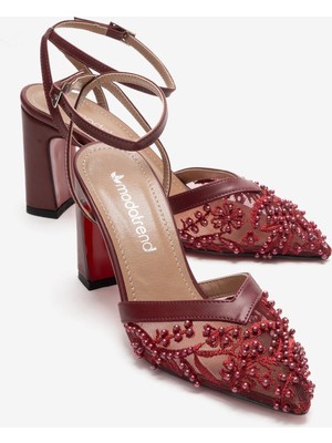 Ccway Kadın  Aynalı Boncuklu Fileli  Arkası Açık Topuklu Ayakkabı Bordo Cilt
