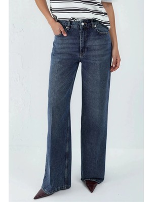 Hiccup Kadınlar Geniş Paça Raw Kot Pantolon Orta Mavi Denim
