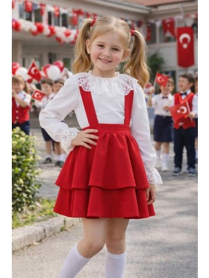 Miniko Kids 23 Nisan Kız Çocuk Uzun Kol Detaylı Bayramlık Salopet Etekli Takım