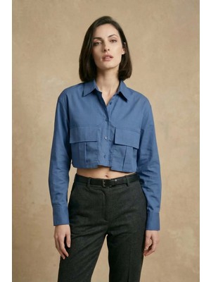Hiccup Kadın My Fashıon Cep Detaylı Kısa Düğmeli Gömlek Kobalt Mavisi