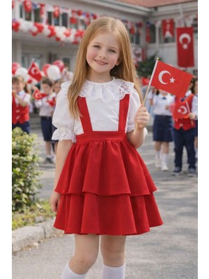 Miniko Kids 23 Nisan Kız Çocuk Kısa Kol Detaylı Bayramlık Salopet Etekli Takım