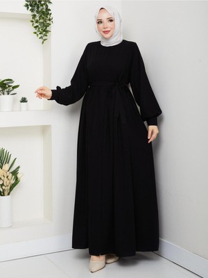 Esra Butik Siyah Kuşaklı Medine Ipeği Ferace 140 cm Rahat Kesim Tesettür Ferace