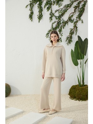 Aker Taş Yakası ve Yan Yırtmaçları Fermuarlı Modal Sweatshirt