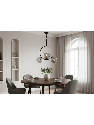 Vivense Glass Word 3 Füme Camlı Siyah Kasalı Avize, Krom