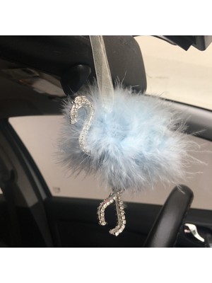 Flamingo Gümüş Pleksi Taşlı Dikiz Ayna Süsü Mavi Tüylü