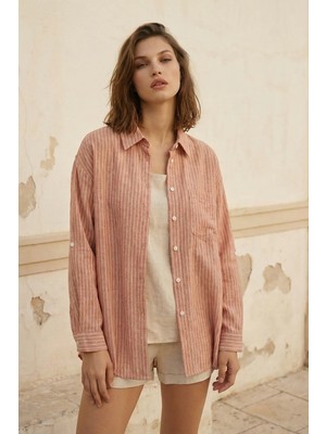 Hiccup Kadın My Fashıon Oversize Çizgili Düğmeli Gömlek Kestane Kahvesi