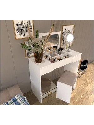 Vivense Özlem Lüx Makyaj Masası, Aynalı Çekmeceli, Beyaz
