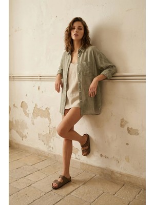 Hiccup Kadın My Fashıon Oversize Çizgili Düğmeli Gömlek Haki Yeşil