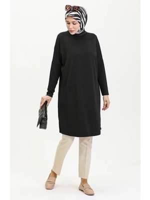 Büyük Beden Rahat Kesim Sade Tunik Baharlık Yazlık Anne Tunik 8769-01 Siyah