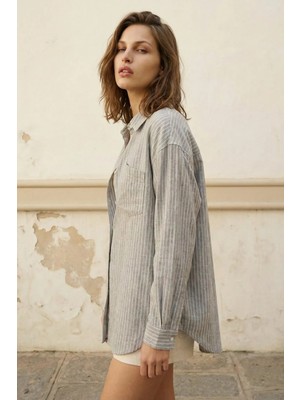 Hiccup Kadın My Fashıon Oversize Çizgili Düğmeli Gömlek Gri