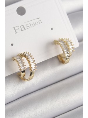 KSB Store Pirinç Gold Renk 2'li Zirkon Taşlı Halka Model Kadın Küpe - Lisinya