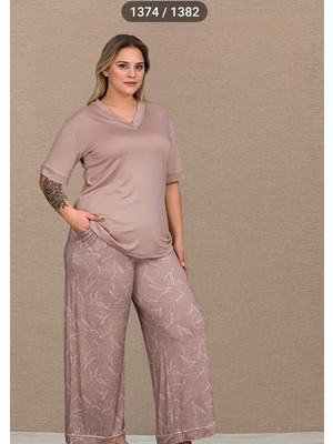 Lady Pudra Pembe Büyük Beden Pijama Takımı Alt Üst