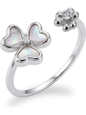 Oya Silver Ayarlanabilir Sedef Taşlı Üç Yapraklı Yonca ve Çiçek Tasarımlı Gümüş Kadın Yüzük [OYSY275]