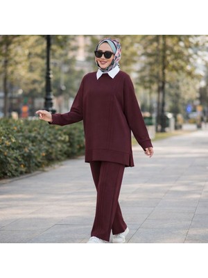 Esra Butik Mürdüm Siyah Taş Çimalı Tesettür Ikili Takım Tunik Pantolon Şık Rahat