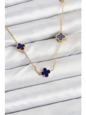 Ergün Store 316L Çelik Zincir Gold Renk Lacivert Baby Boy Yonca Kadın Kolye - Lisinya