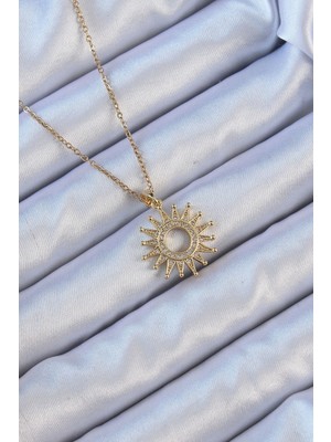 KSB Store 316L Çelik Zincir Altın Renk Zirkon Taşlı Parlayan Güneş Kolye - Lisinya