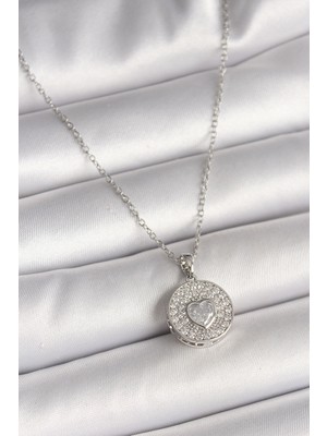 KSB Store 316L Çelik Gümüş Renk Zincir Zirkon Taşlı Kalp Işlemeli Madalyon Model Kadın Kolye - Lisinya