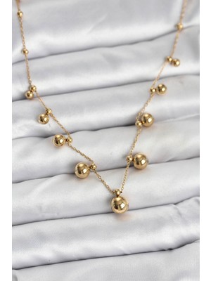 Ergün Store 316L Çelik Zincir Gold Renk Topçuklu Kolye - Lisinya