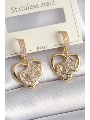 Ergün Store Pirinç Gold Renk Zirkon Taşlı Kalp Model Ay Yıldız Işleme Kadın Küpe - Lisinya