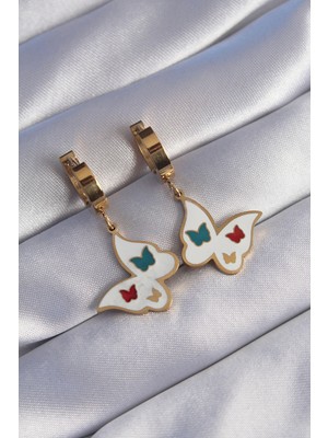 Ergün Store 316L Çelik Gold Renk Renkli Mineli Kelebek Küpe - Lisinya