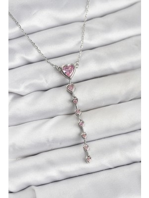 KSB Store 316L Çelik Zincir Gümüş Renk Pembe Kalp Kadın Kolye - Lisinya