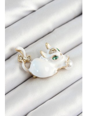 Ergün Store Zirkon Taşlı Inci Detaylı Beyaz 3D Kedi Figürlü Gold Renk Kadın Broş - Lisinya