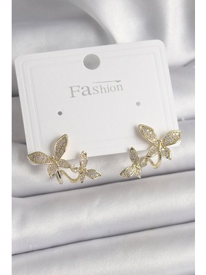 Ergün Store Pirinç Gold Renk Zirkon Taşlı Kelebek Model Kadın Küpe - Lisinya