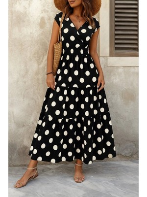 Secret Sita Kadın Kısa Kollu Kruvaze Yaka Beli Lastikli Süprem Maksi Boy Elbise