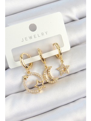 Ergün Store Pirinç Zirkon Taşlı Yıldız ve Ay Model Gold Renk 3'lü Kadın Küpe Set - Lisinya