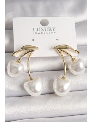 Ergün Store Pirinç Gold Renk Beyaz Inci Kiraz Model Kadın Küpe - Lisinya
