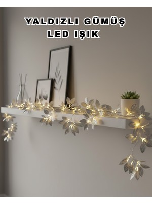 KSB Store Yaldızlı Gümüş Yaprak LED Işık Pilli Dekoratif Ortam ve Yılbaşı Aydınlatması - Lisinya