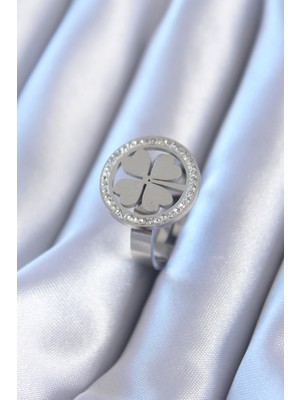 Ergün Store 316L Çelik Gümüş Renk Zirkon Taşlı Yonca Model Kadın Yüzük - Lisinya