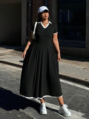 Secret Sita Kadın Kısa Kollu V Yakalı Pileli Uzun Janjan Krep Elbise