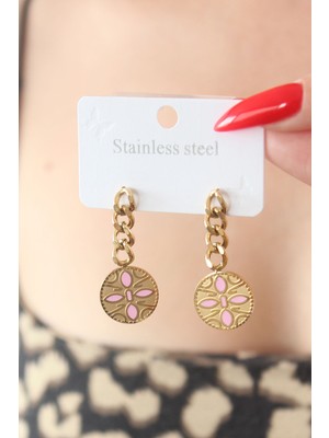 Ergün Store 316L Çelik Gold Renk Sallantı Çiçek Model Işleme Detay Kadın Küpe - Lisinya