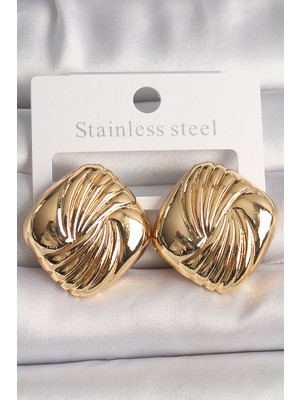 Ergün Store Pirinç Gold Renk Işlemeli Kare Model Kadın Küpe - Lisinya