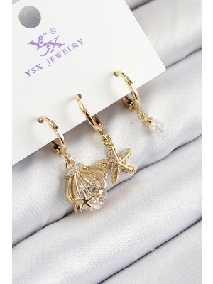 Ergün Store Pirinç Zirkon Taşlı 3'lü Istiridye ve Yıldız Model Gold Renk Kadın Küpe - Lisinya