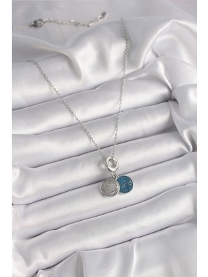 Ergün Store 316L Çelik Gümüş Renk Zincir Zirkon Taşlı Işleme Mavi Simli Kadın Kolye - Lisinya