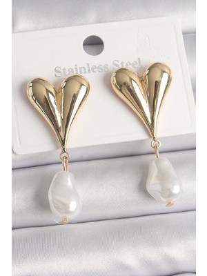 Ergün Store Pirinç Gold Renk Kalp Model Sallantı Inci Damla Model Kadın Küpe - Lisinya